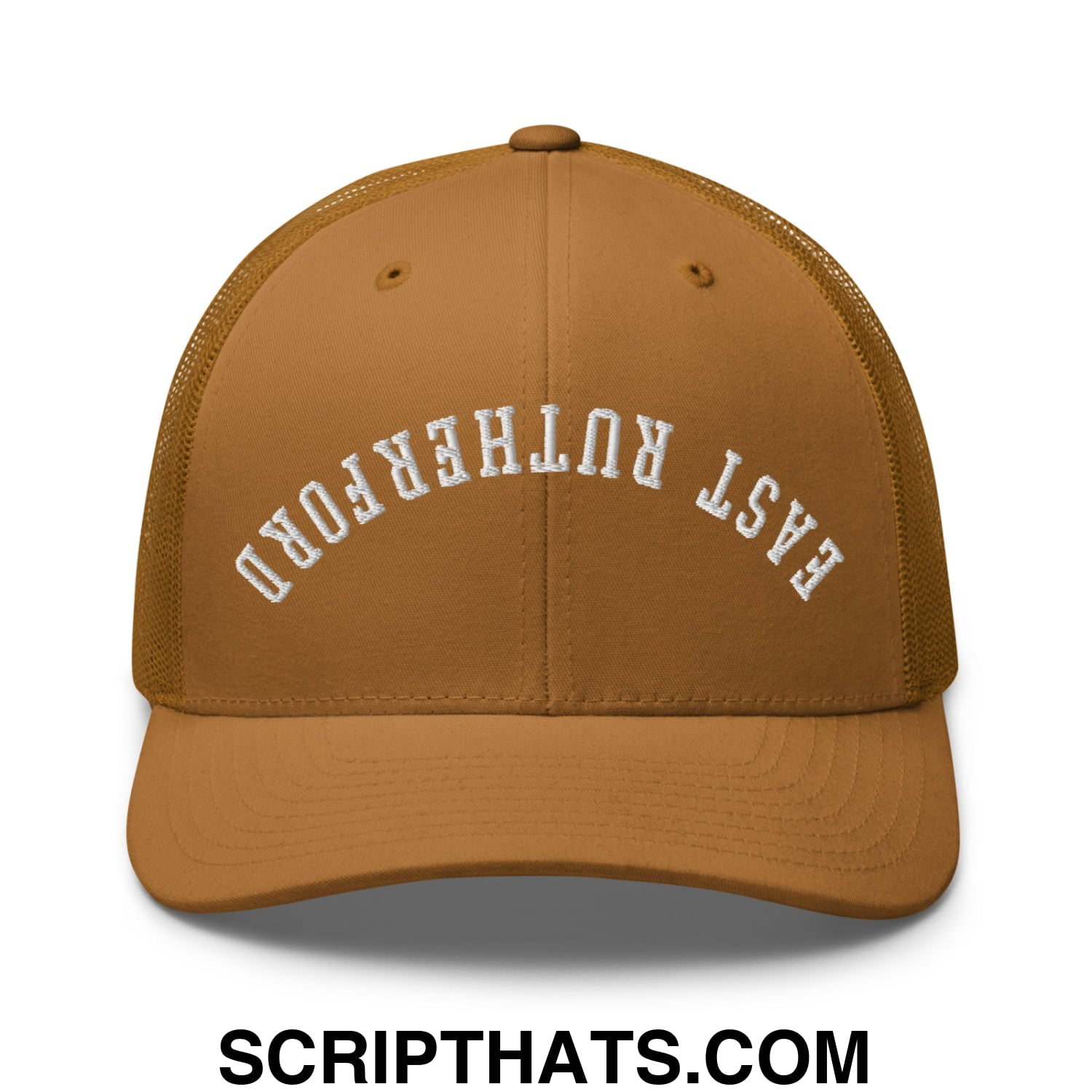 Upside Down East Rutherford Embroidered Mesh Trucker Hat Caramel
