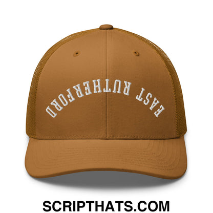 Upside Down East Rutherford Embroidered Mesh Trucker Hat Caramel