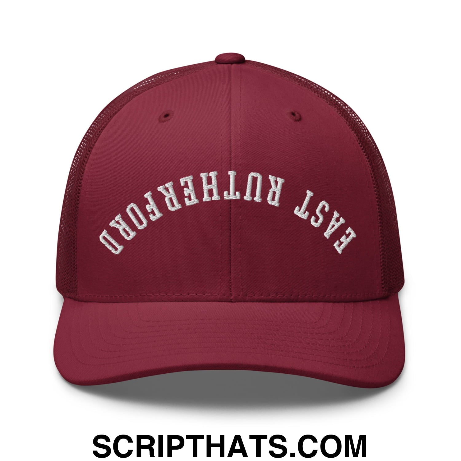 Upside Down East Rutherford Embroidered Mesh Trucker Hat Cranberry
