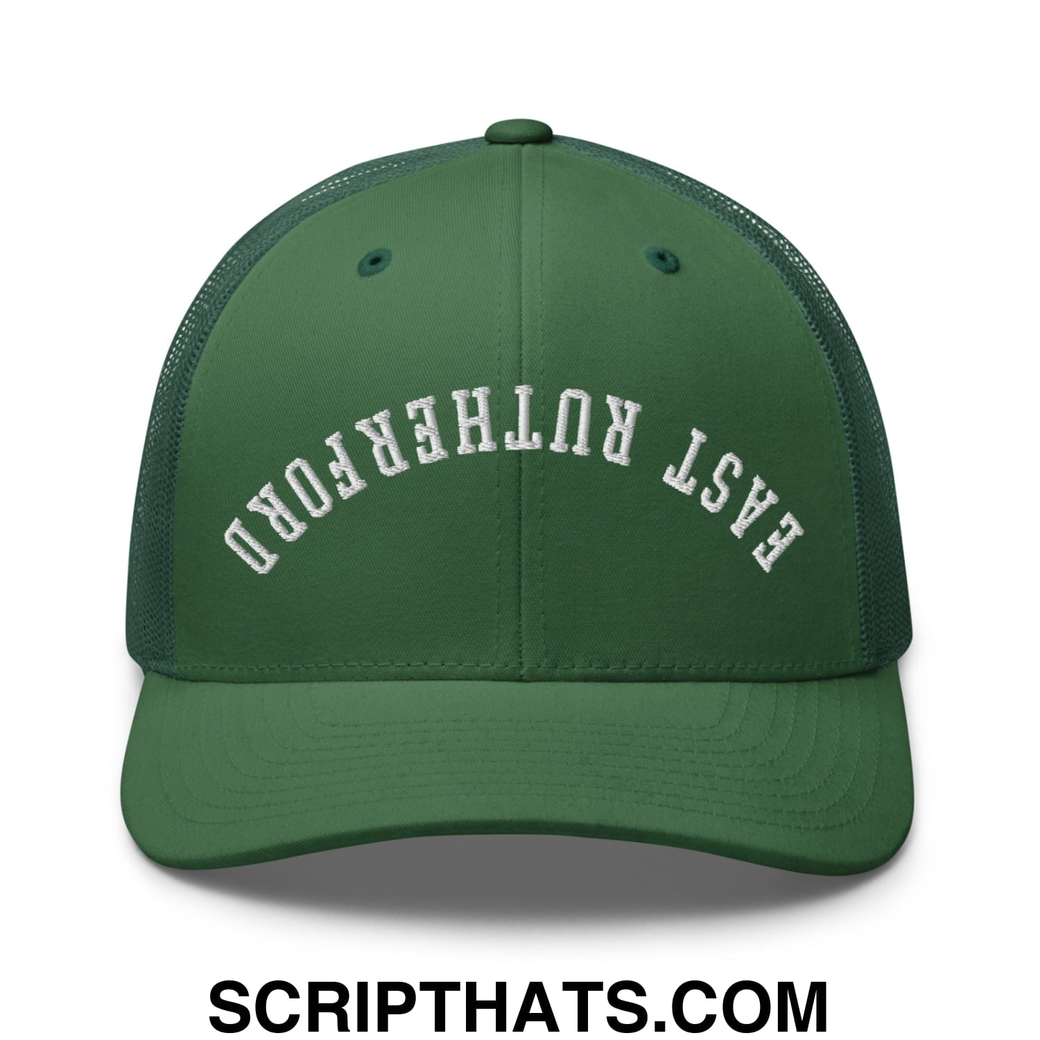 Upside Down East Rutherford Embroidered Mesh Trucker Hat Evergreen