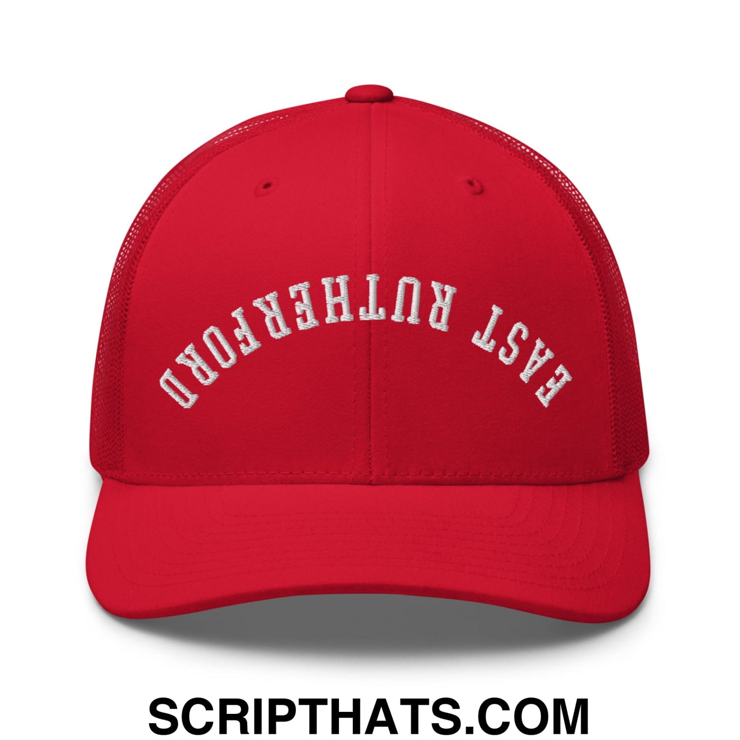 Upside Down East Rutherford Embroidered Mesh Trucker Hat Red