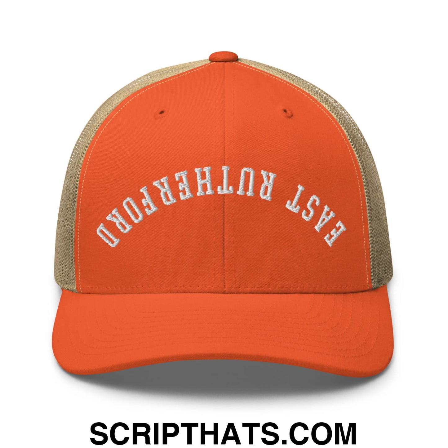 Upside Down East Rutherford Embroidered Mesh Trucker Hat Rustic Orange Khaki