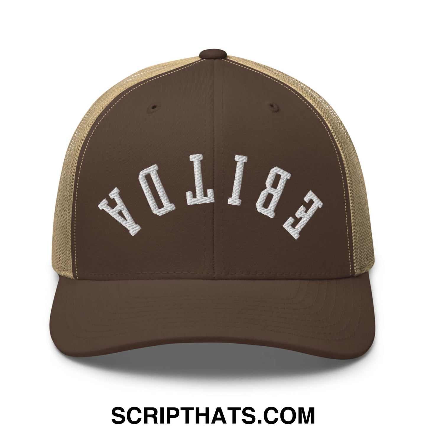 Upside Down EBITDA Embroidered Mesh Trucker Hat Brown Khaki