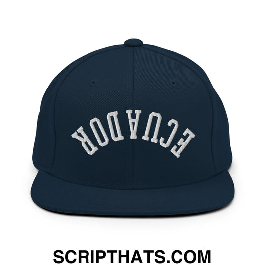 Navy blue snapback hat with white embroidered ecuador arch design and flat bill brim in upside down style