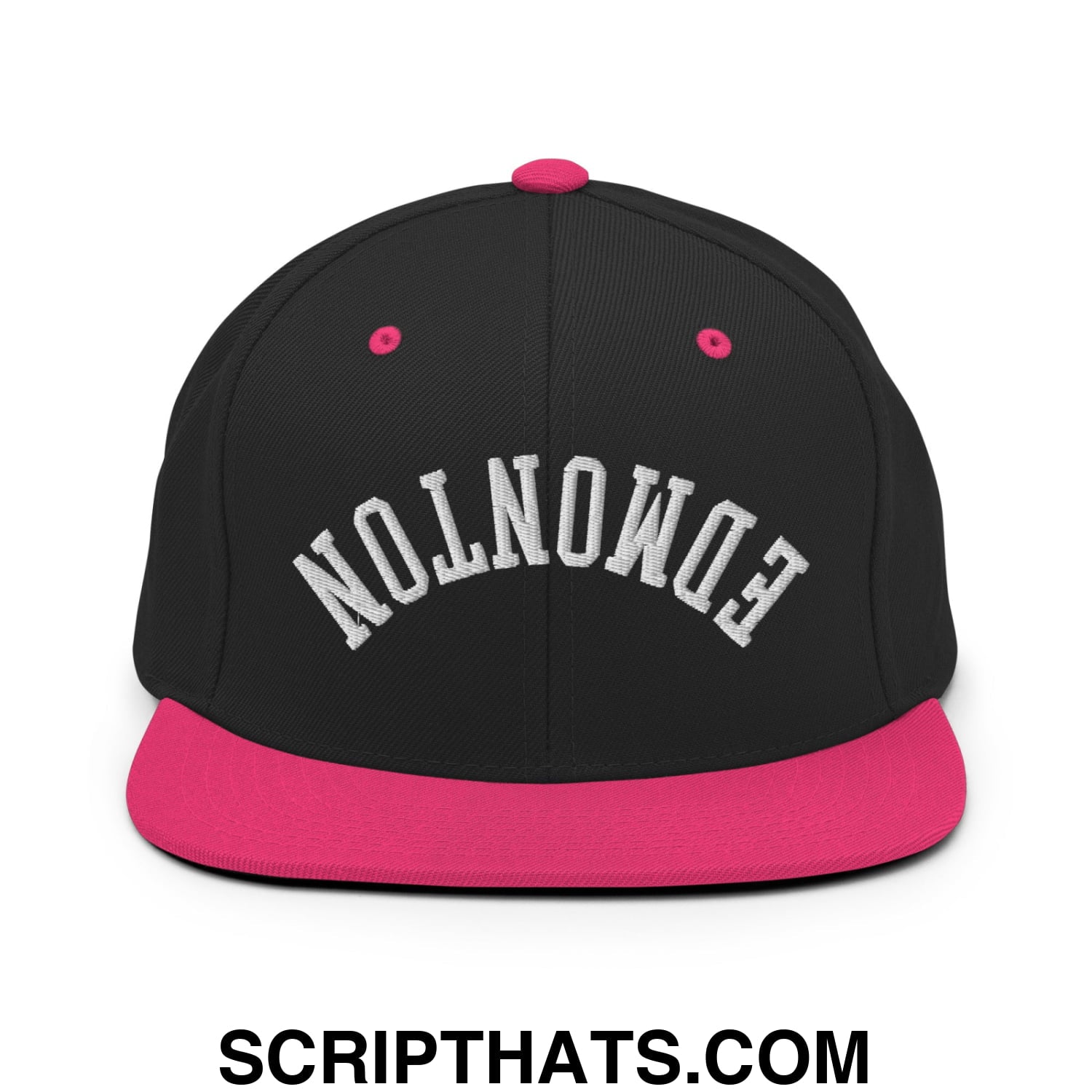 Upside Down Edmonton Embroidered Flat Bill Brim Snapback Hat Black Neon Pink