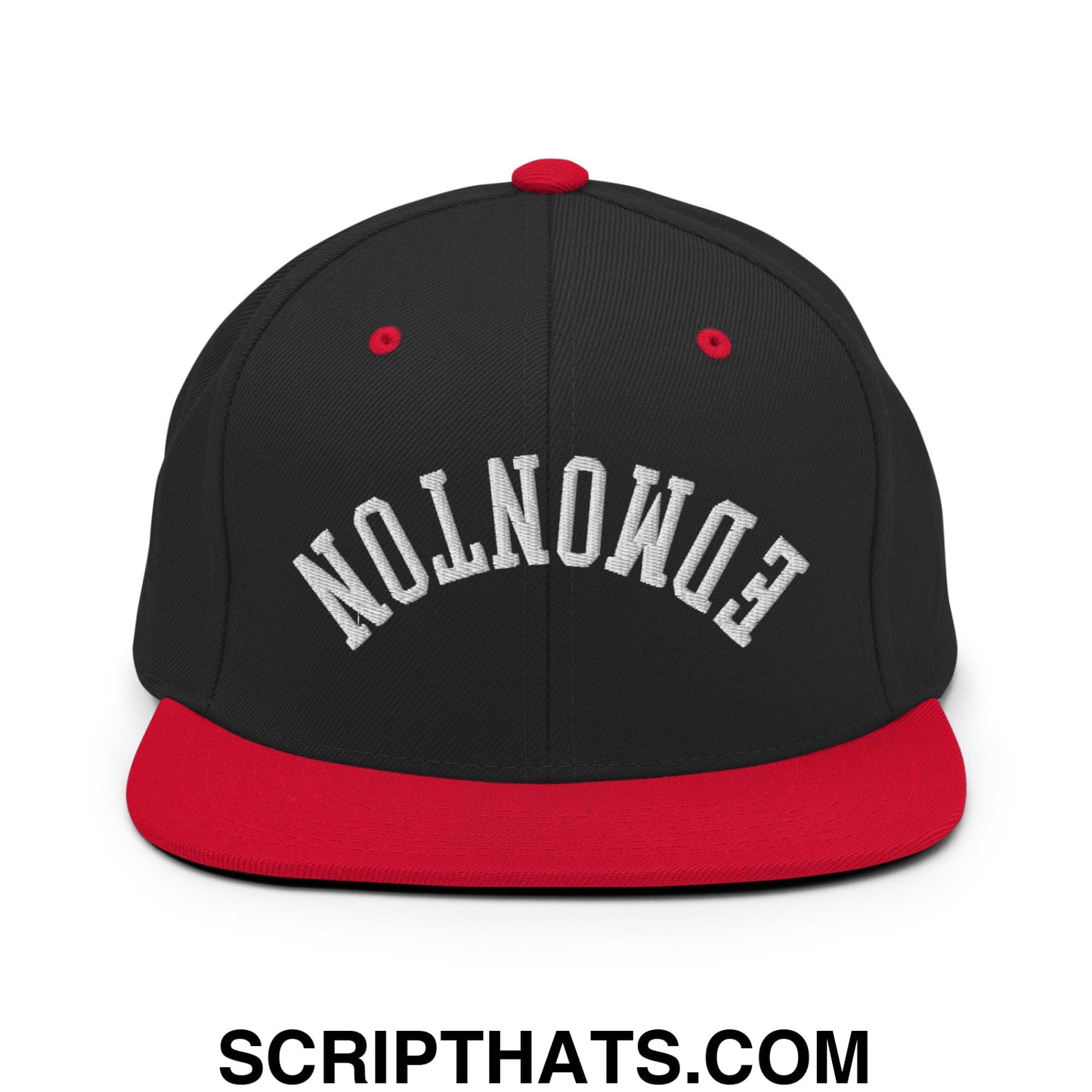 Upside Down Edmonton Embroidered Flat Bill Brim Snapback Hat Black Red