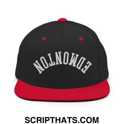 Upside Down Edmonton Embroidered Flat Bill Brim Snapback Hat Black Red