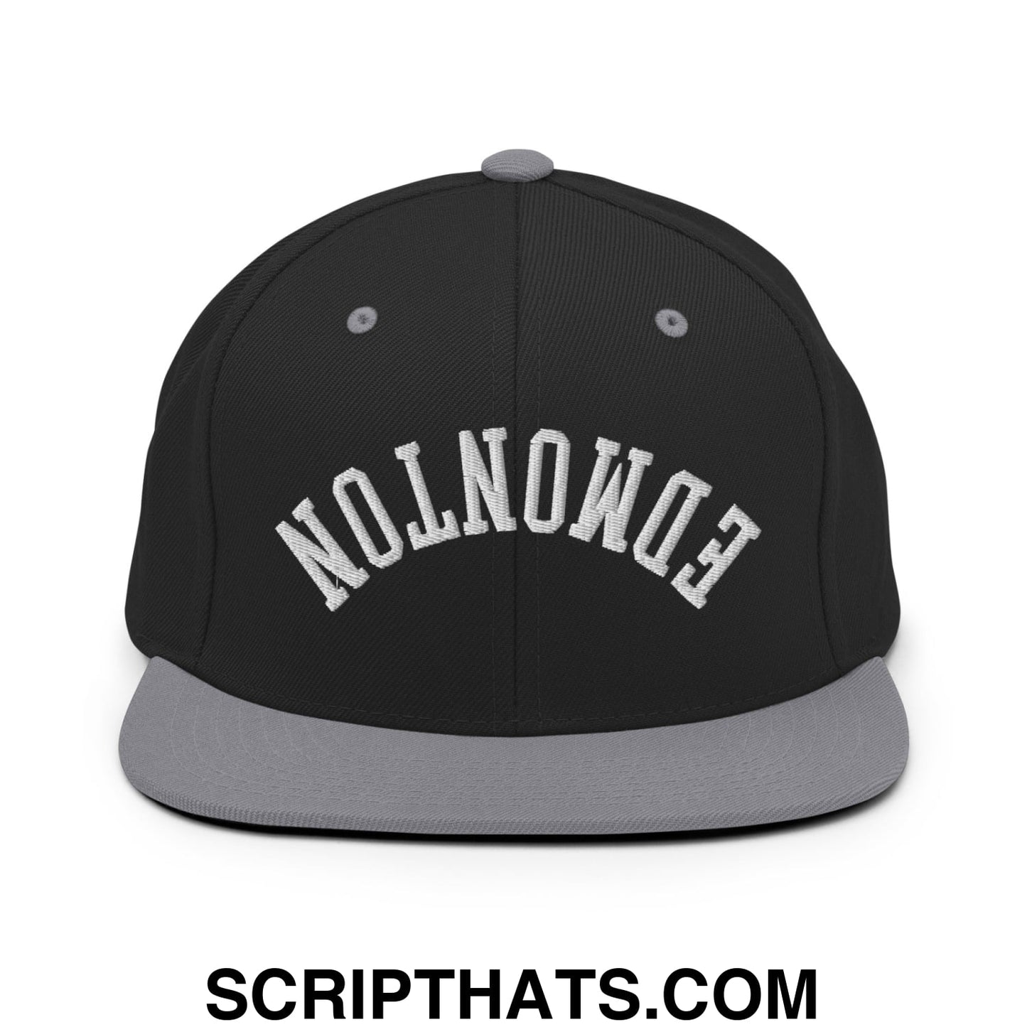 Upside Down Edmonton Embroidered Flat Bill Brim Snapback Hat Black Silver