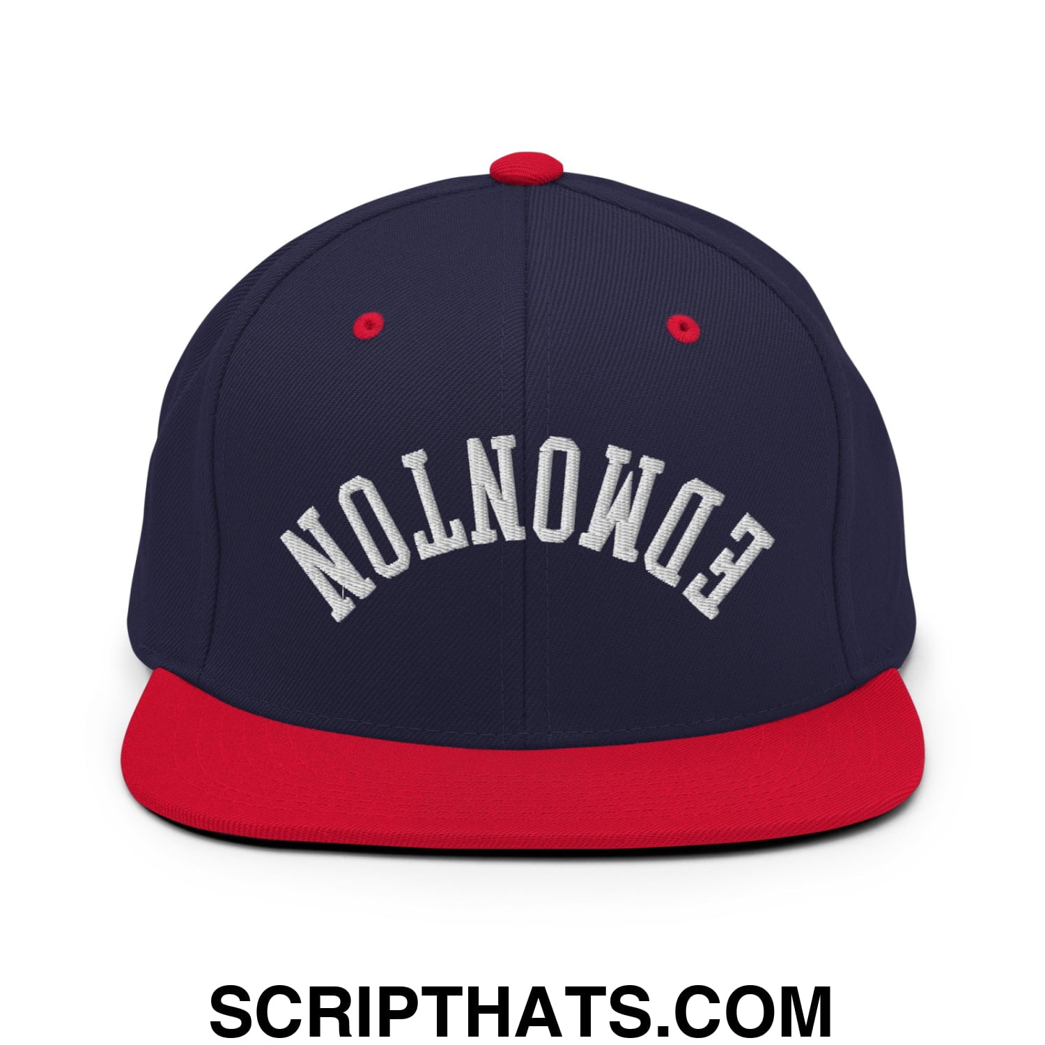 Upside Down Edmonton Embroidered Flat Bill Brim Snapback Hat Navy Red