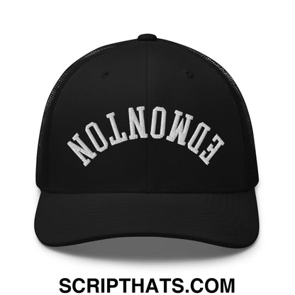 Upside Down Edmonton Embroidered Mesh Trucker Hat Black