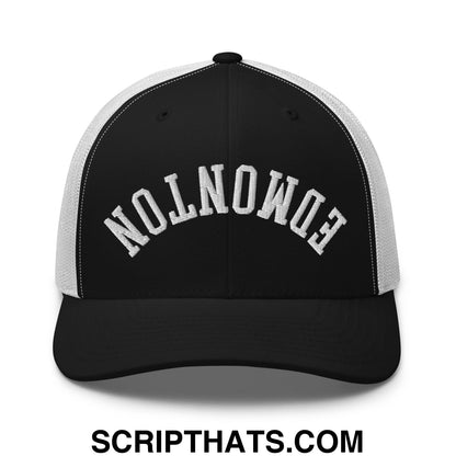 Upside Down Edmonton Embroidered Mesh Trucker Hat Black White