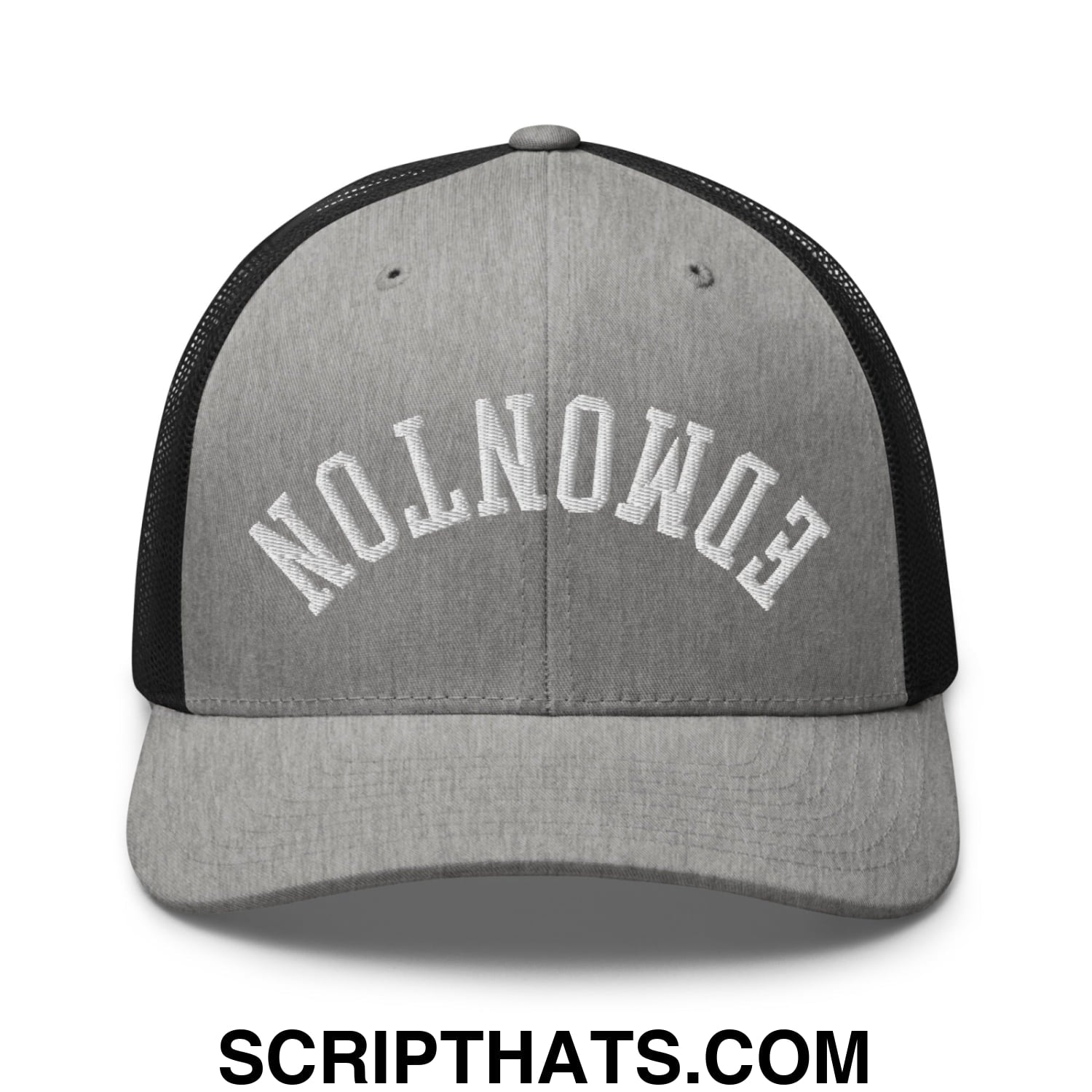 Upside Down Edmonton Embroidered Mesh Trucker Hat Heather Black