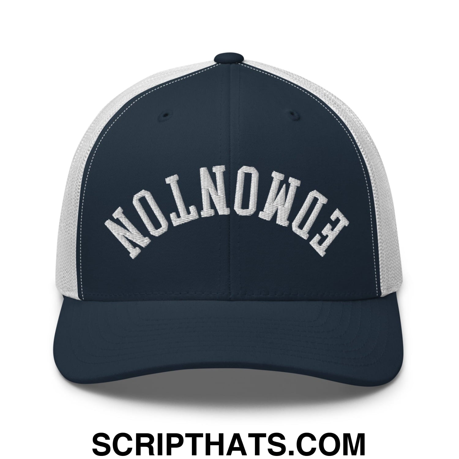 Upside Down Edmonton Embroidered Mesh Trucker Hat Navy White