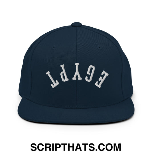 Navy blue flat bill snapback hat with white embroidered egypt lettering in an arched design
