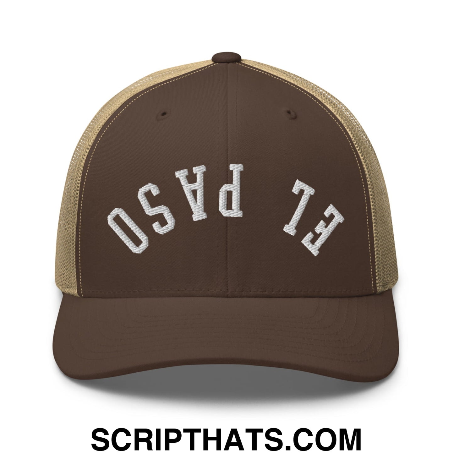 Upside Down El Paso Embroidered Mesh Trucker Hat Brown Khaki
