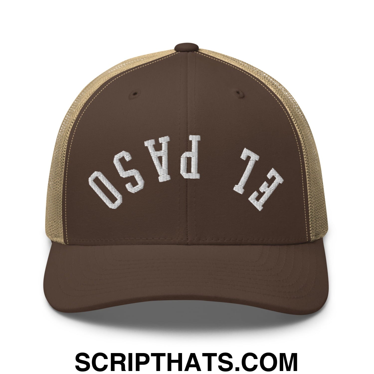 Upside Down El Paso Embroidered Mesh Trucker Hat Brown Khaki
