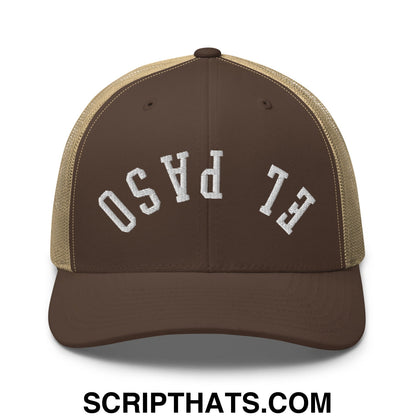 Upside Down El Paso Embroidered Mesh Trucker Hat Brown Khaki