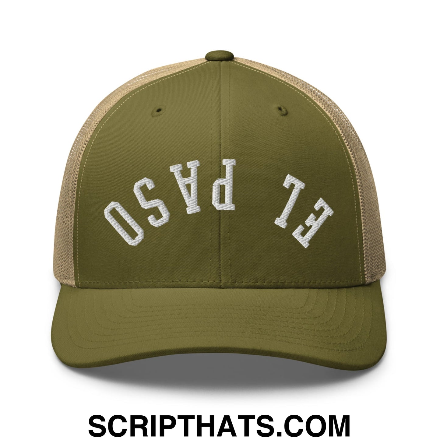 Upside Down El Paso Embroidered Mesh Trucker Hat Moss Khaki