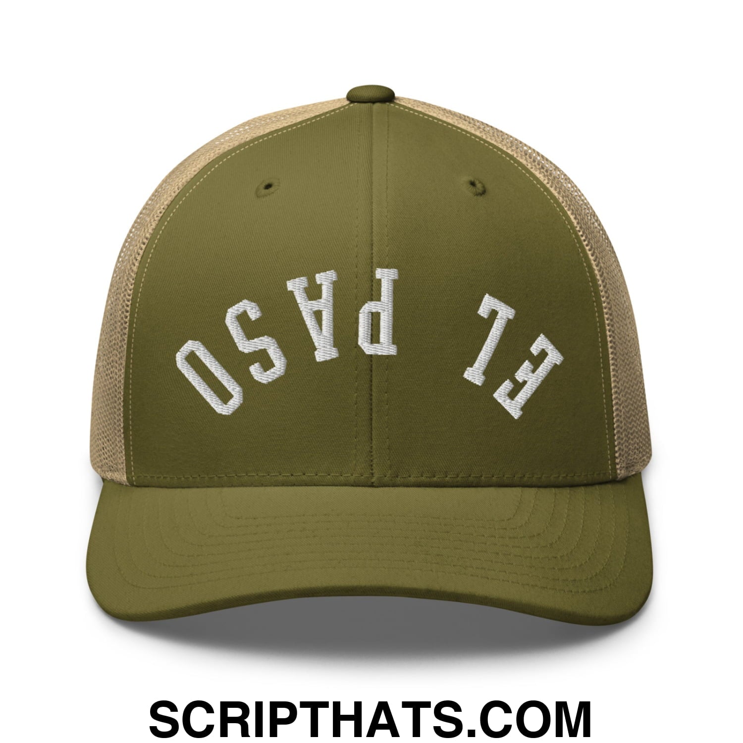 Upside Down El Paso Embroidered Mesh Trucker Hat Moss Khaki