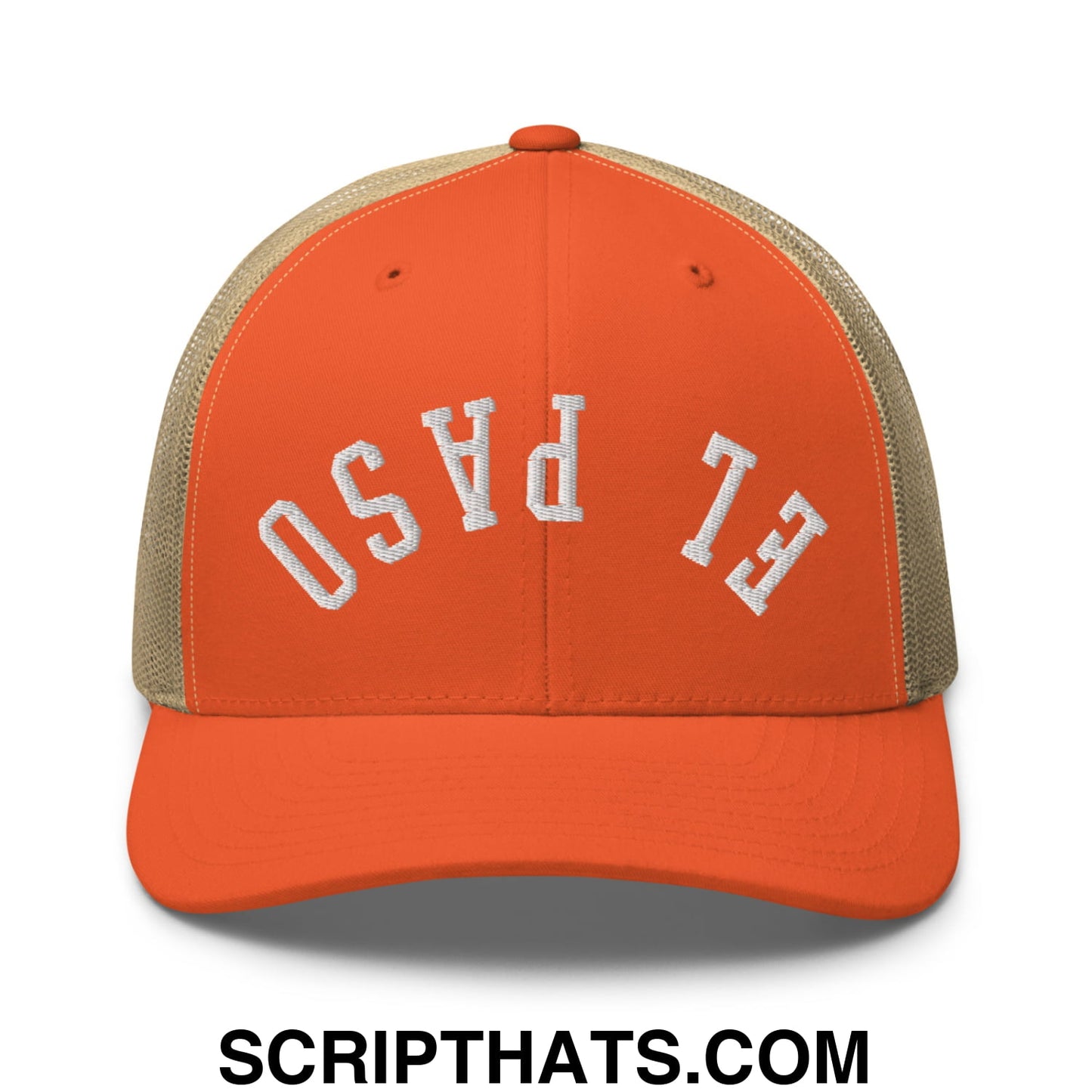 Upside Down El Paso Embroidered Mesh Trucker Hat Rustic Orange Khaki