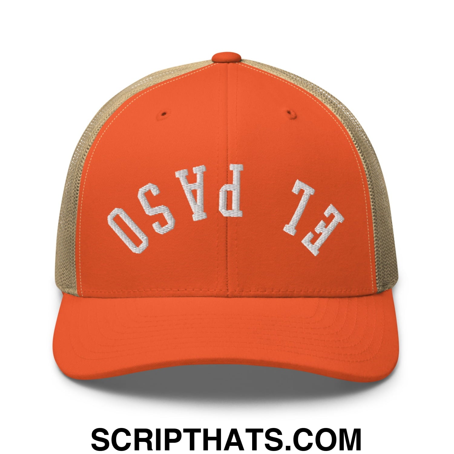 Upside Down El Paso Embroidered Mesh Trucker Hat Rustic Orange Khaki