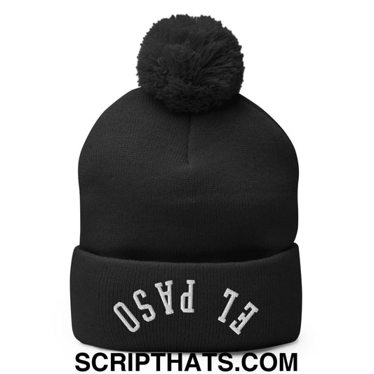 Upside Down El Paso Embroidered Pom Pom Knit Beanie Black