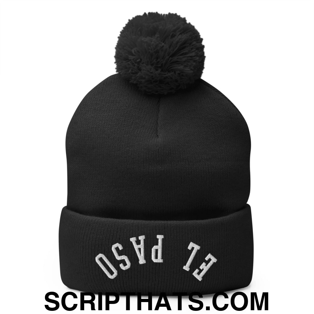 Upside Down El Paso Embroidered Pom Pom Knit Beanie Black