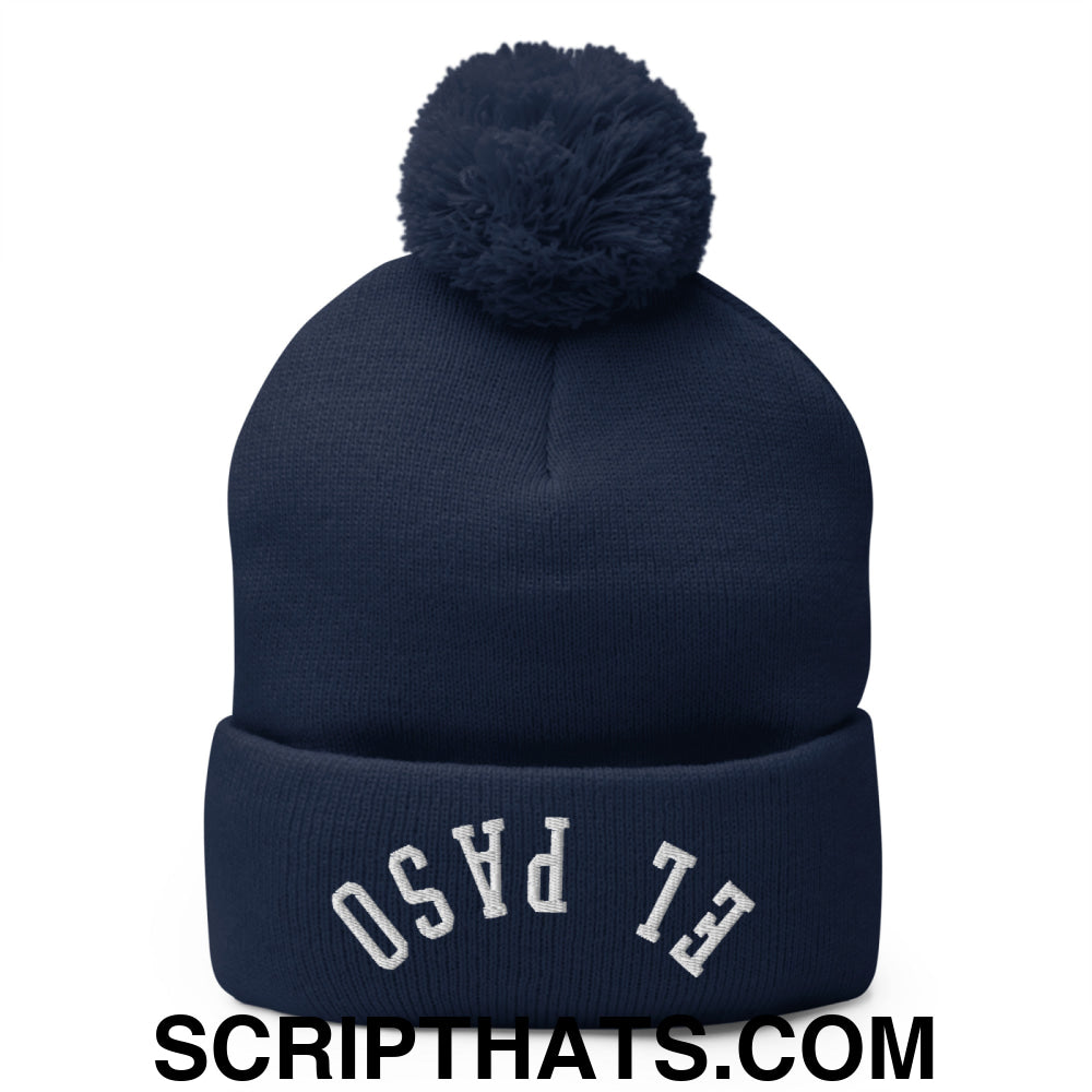 Upside Down El Paso Embroidered Pom Pom Knit Beanie Navy