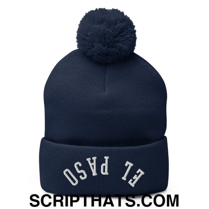 Upside Down El Paso Embroidered Pom Pom Knit Beanie Navy