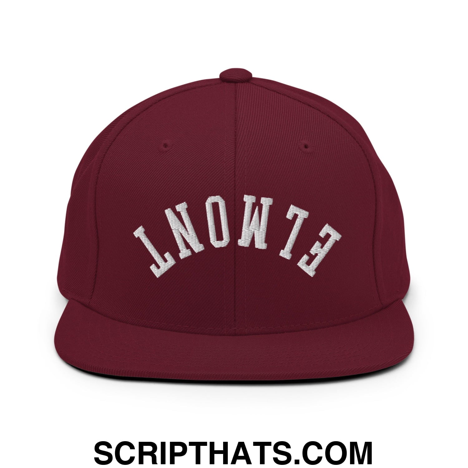 Upside Down Elmont Embroidered Flat Bill Brim Snapback Hat Maroon