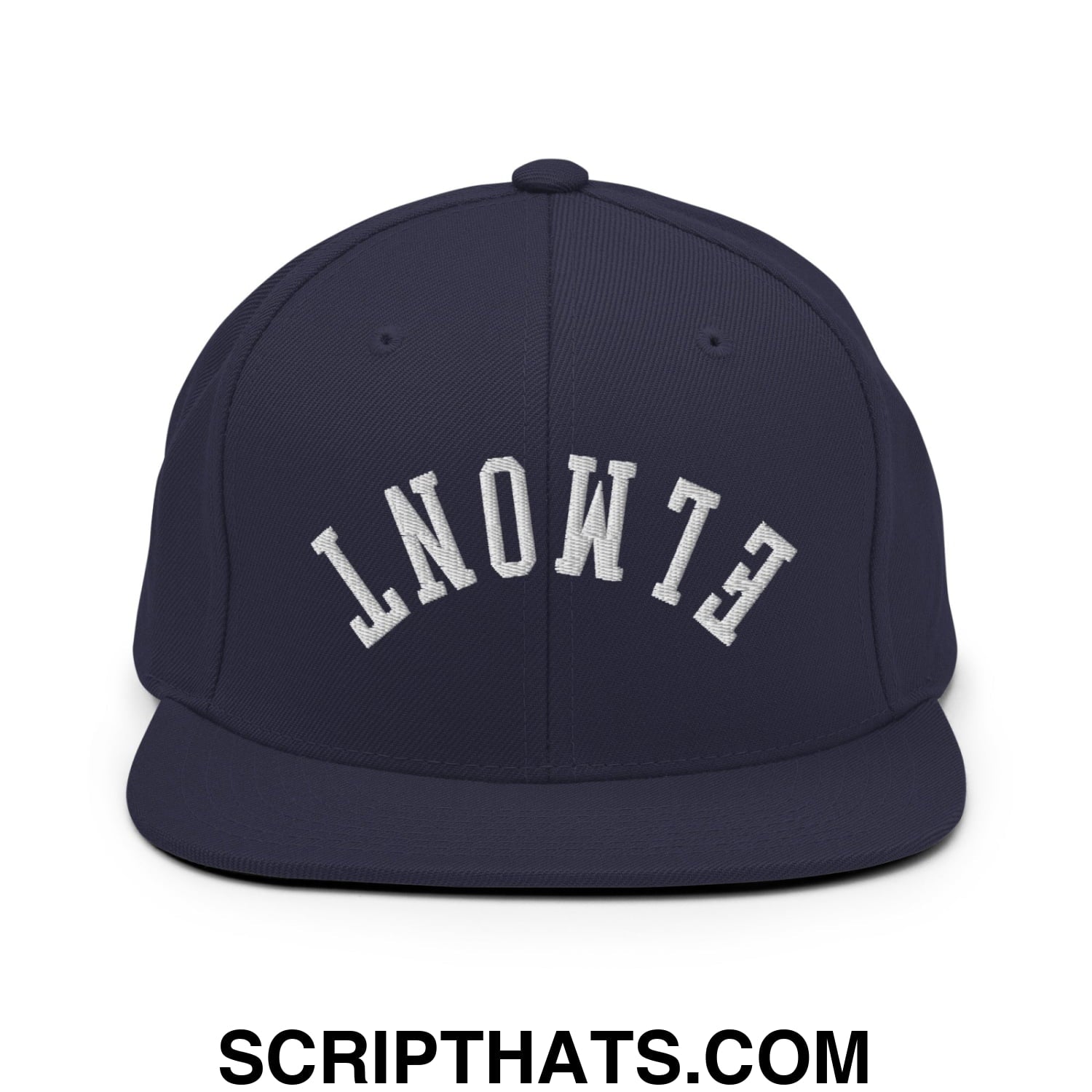Upside Down Elmont Embroidered Flat Bill Brim Snapback Hat Navy