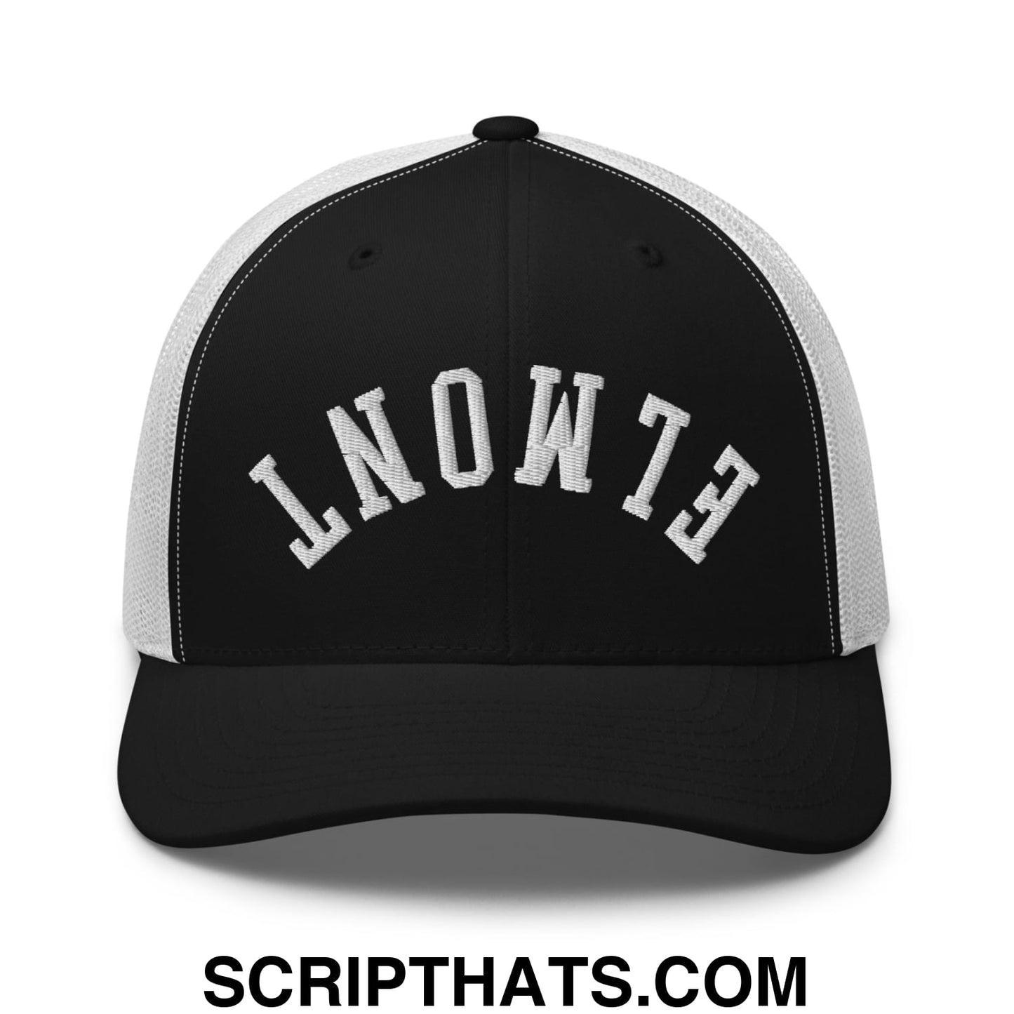 Upside Down Elmont Embroidered Mesh Trucker Hat Black White