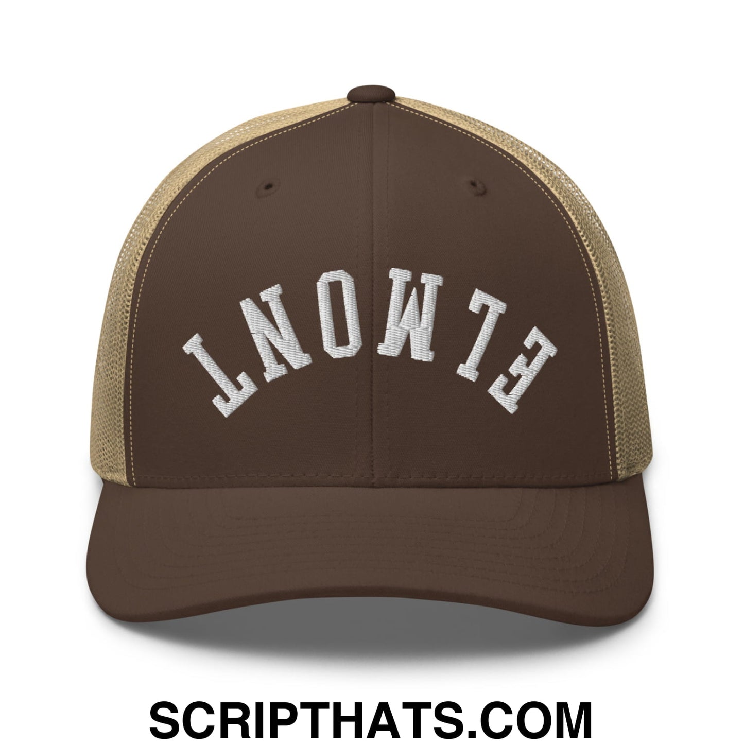 Upside Down Elmont Embroidered Mesh Trucker Hat Brown Khaki