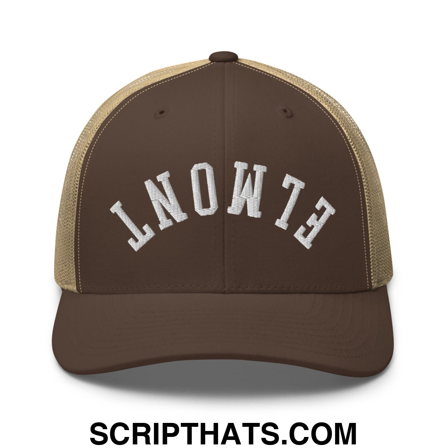 Upside Down Elmont Embroidered Mesh Trucker Hat Brown Khaki