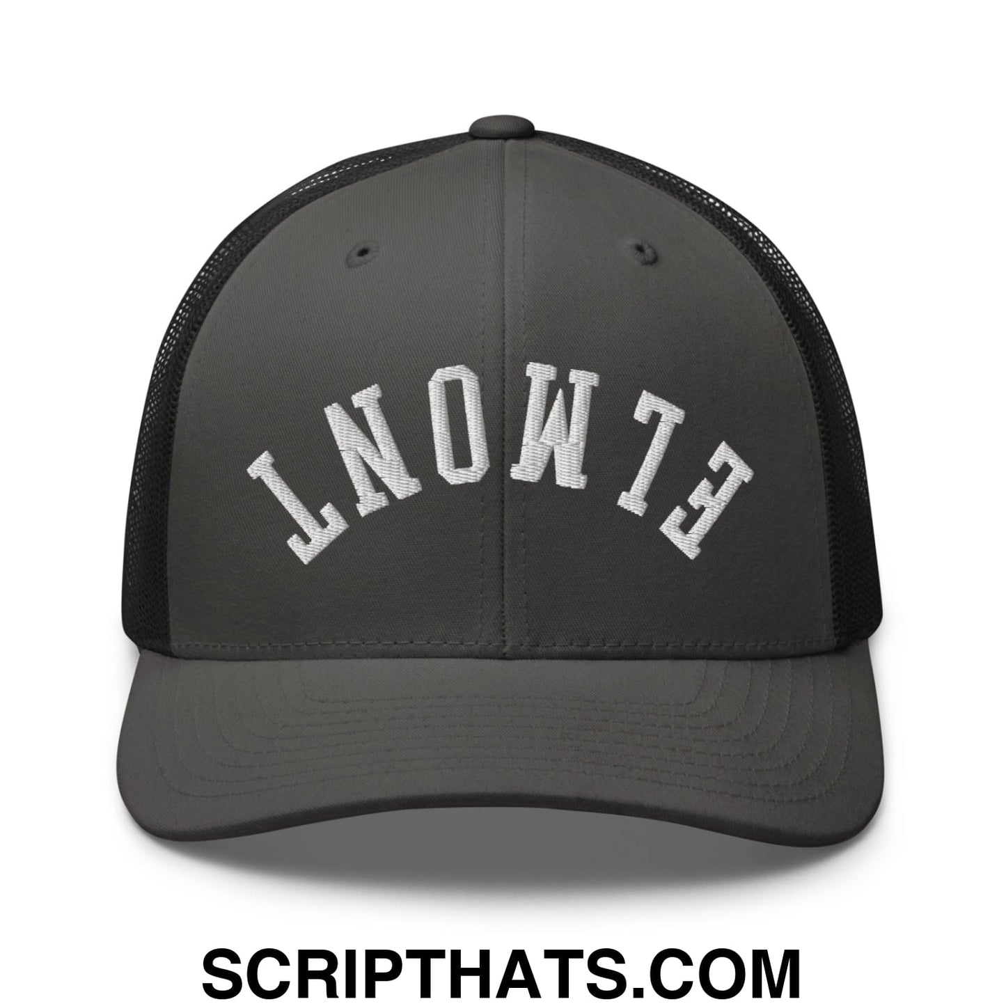 Upside Down Elmont Embroidered Mesh Trucker Hat Charcoal Black