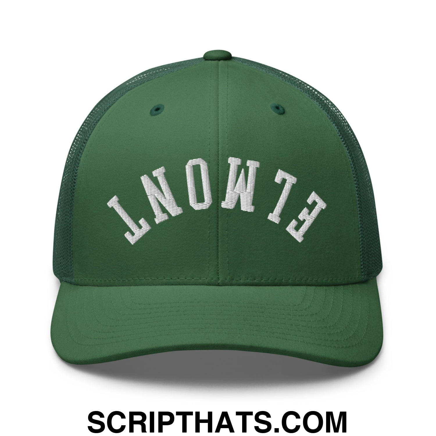 Upside Down Elmont Embroidered Mesh Trucker Hat Evergreen