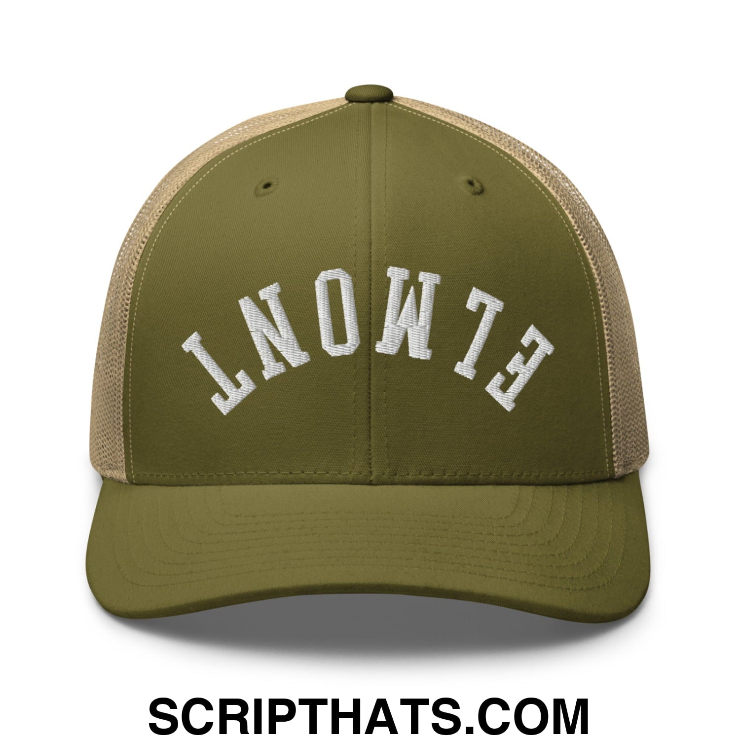 Upside Down Elmont Embroidered Mesh Trucker Hat Moss Khaki