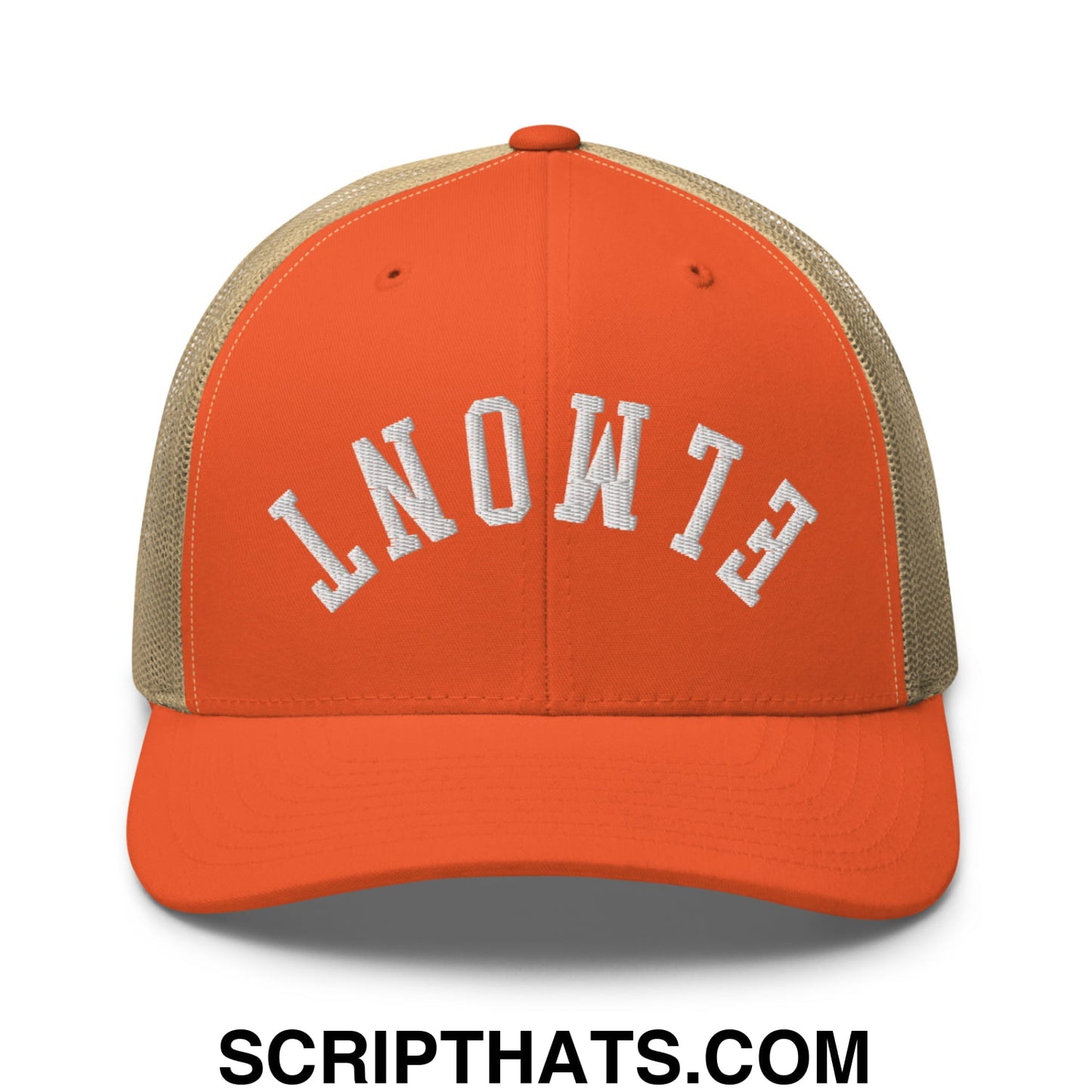Upside Down Elmont Embroidered Mesh Trucker Hat Rustic Orange Khaki