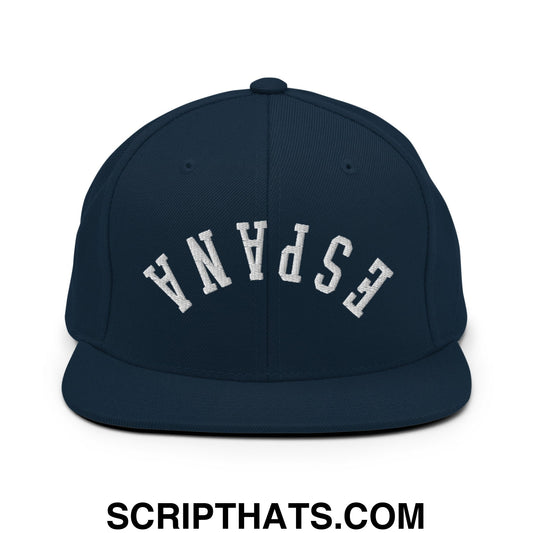 Navy blue snapback hat with white embroidered españa in classic arch font and flat bill brim