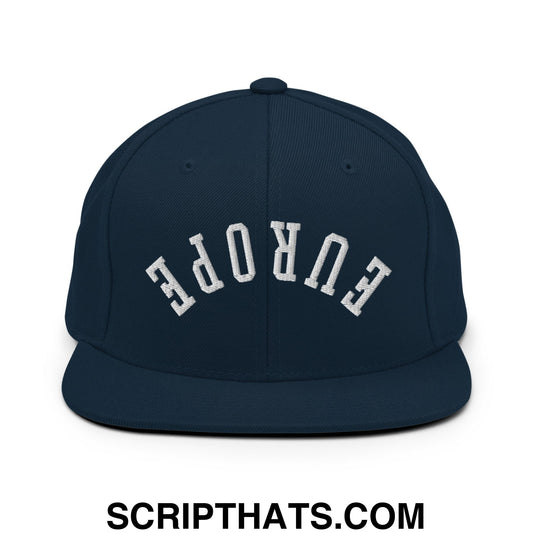 Navy blue snapback hat with white embroidered europe lettering and a flat bill brim for casual wear