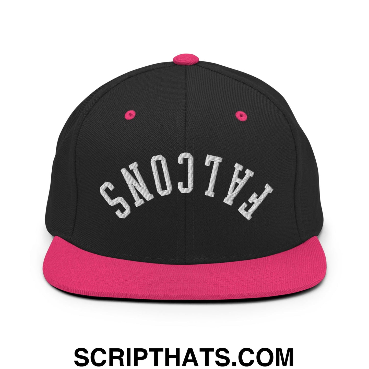 Black snapback cap with vibrant pink flat bill brim and button featuring white falcons embroidered lettering