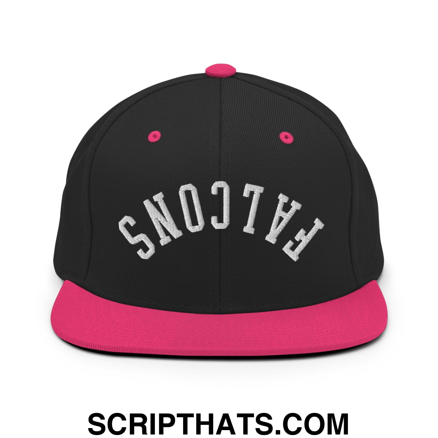 Black snapback cap with vibrant pink flat bill brim and button featuring white falcons embroidered lettering