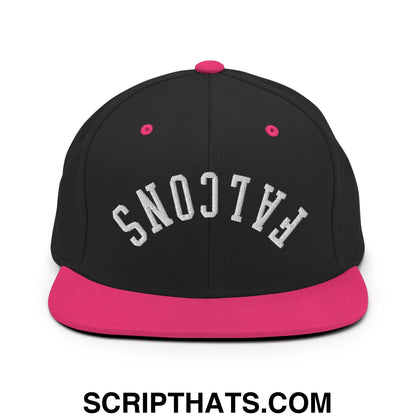 Black snapback cap with vibrant pink flat bill brim and button featuring white falcons embroidered lettering