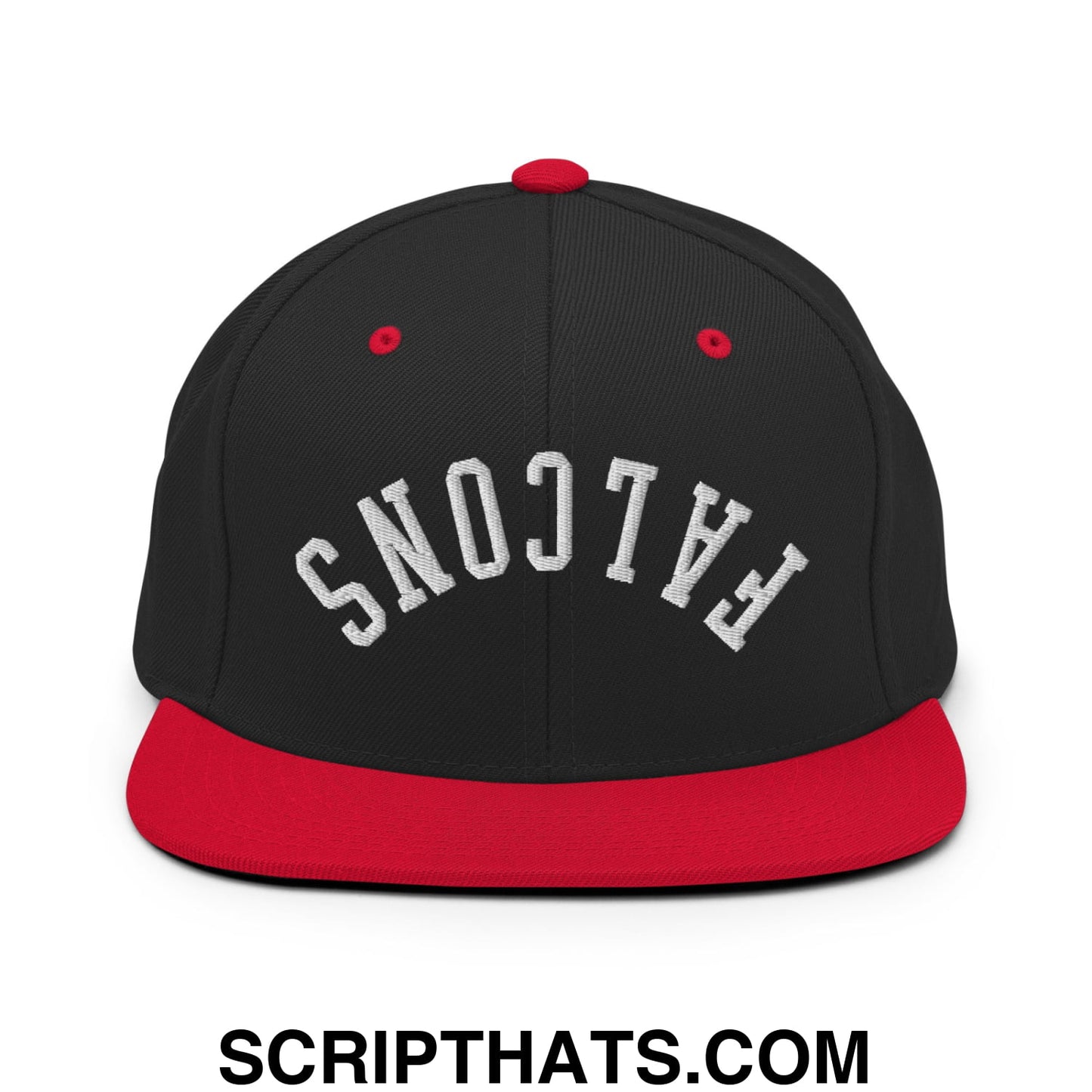 Black and red snapback hat with upside down falcons embroidered in white flat bill brim design