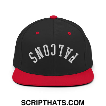 Black and red snapback hat with upside down falcons embroidered in white flat bill brim design