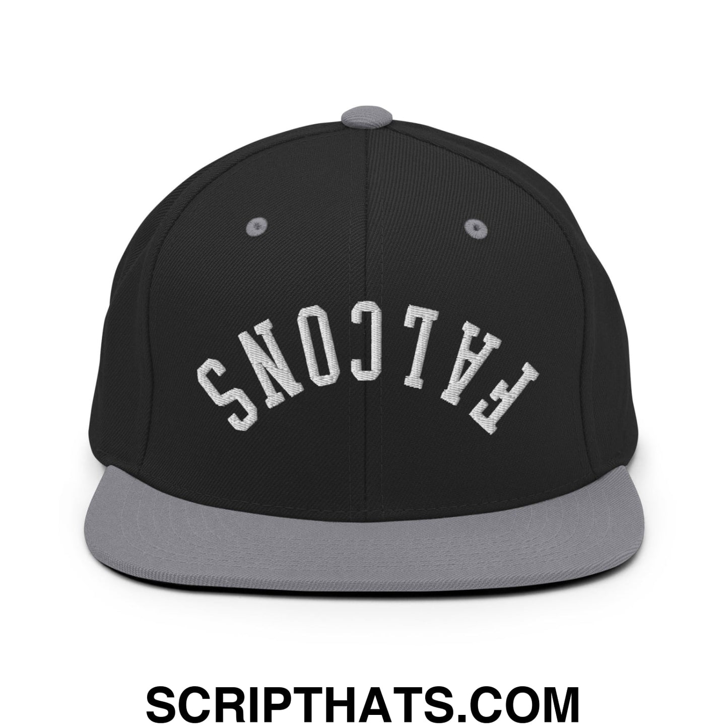 Black snapback hat with gray flat bill and white falcons embroidered logo on front panel