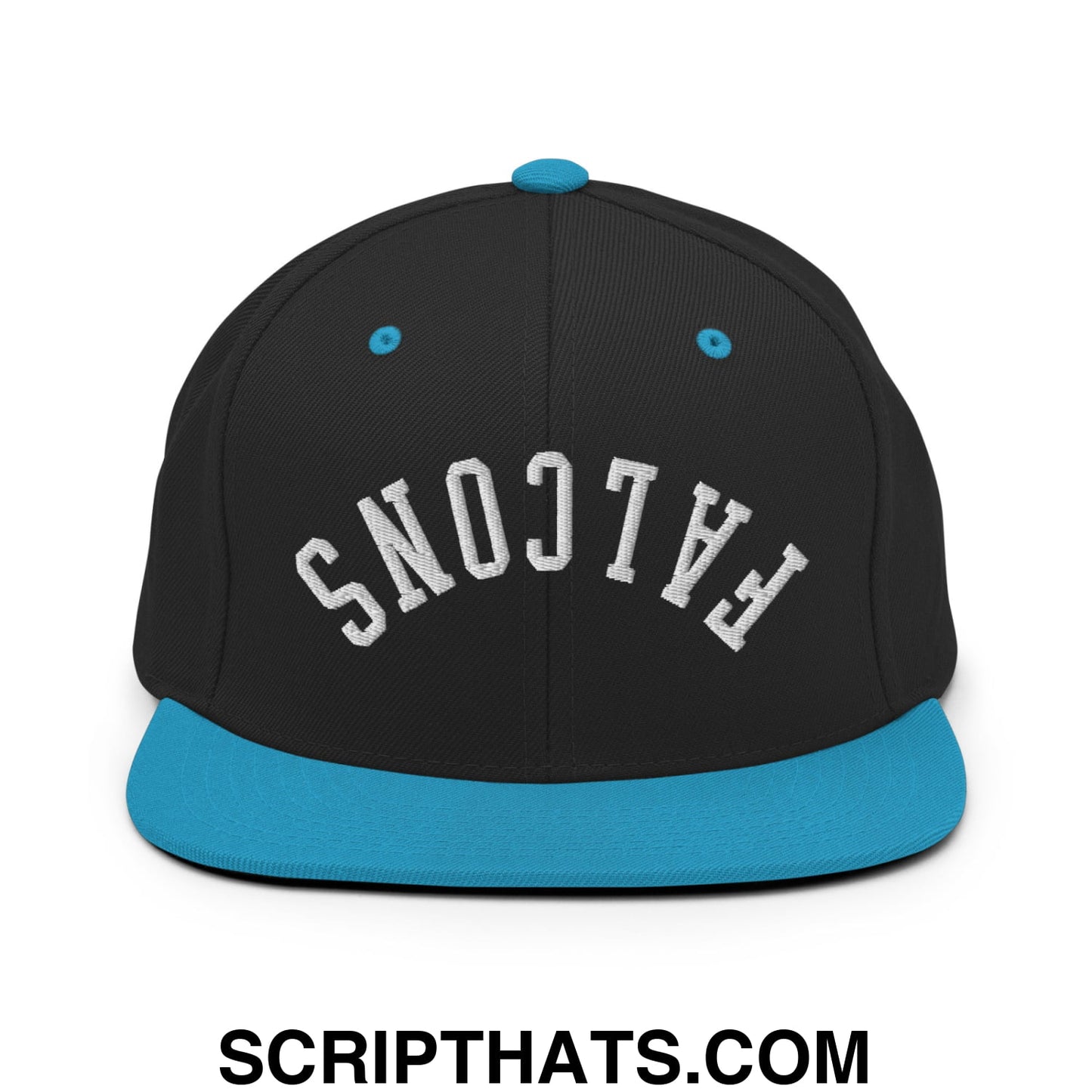 Black snapback cap with teal brim and button featuring falcons embroidered in white on front flat bill brim hat