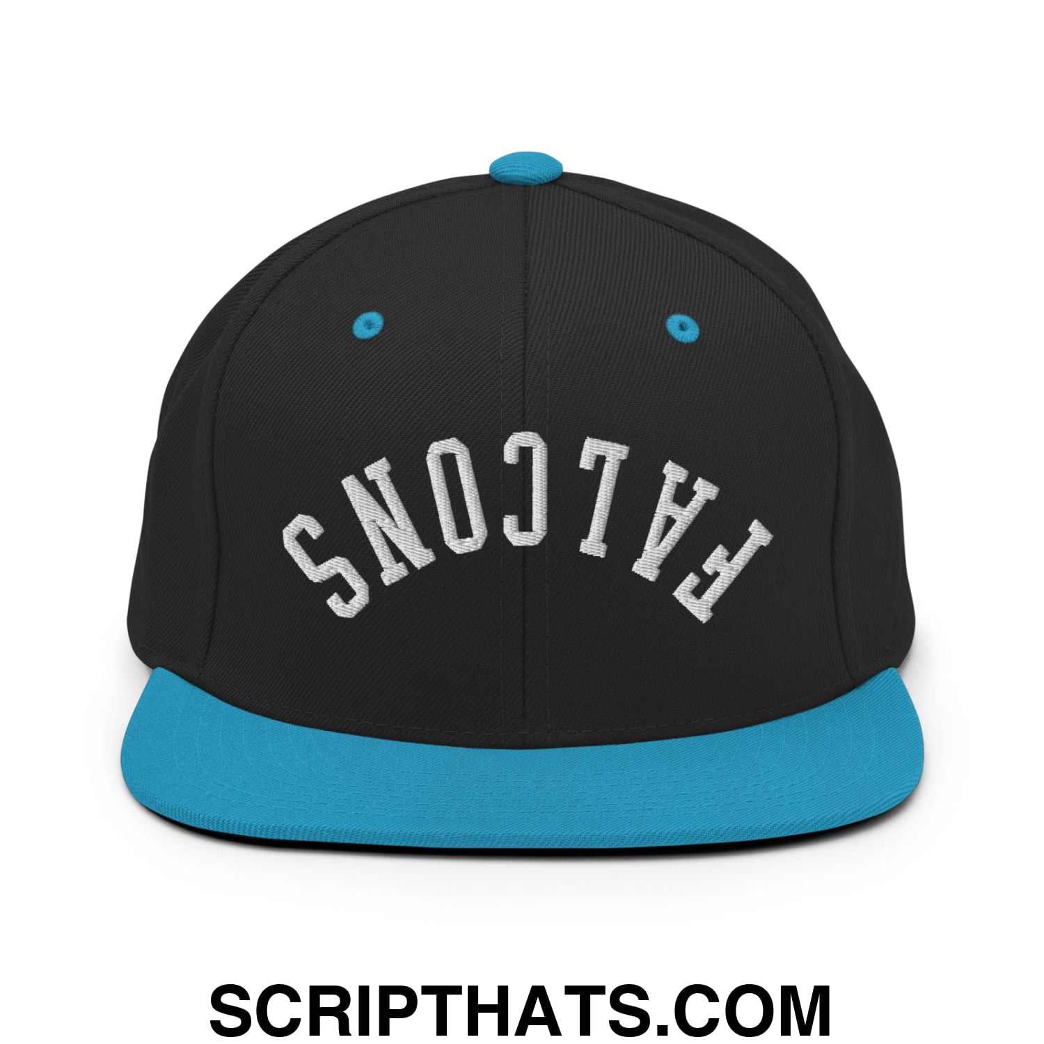 Black snapback cap with teal brim and button featuring falcons embroidered in white on front flat bill brim hat