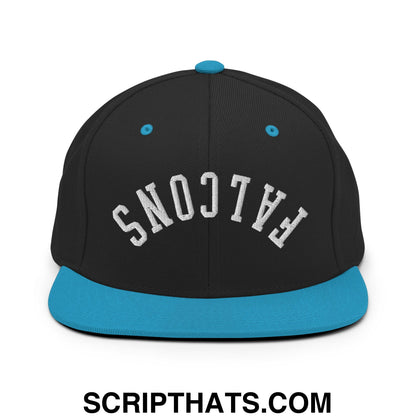 Black snapback cap with teal brim and button featuring falcons embroidered in white on front flat bill brim hat