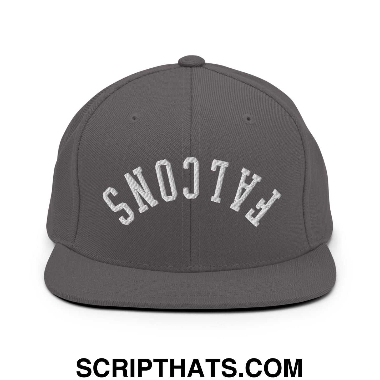 Gray snapback cap with white embroidered falcons lettering in an arched design and flat bill brim